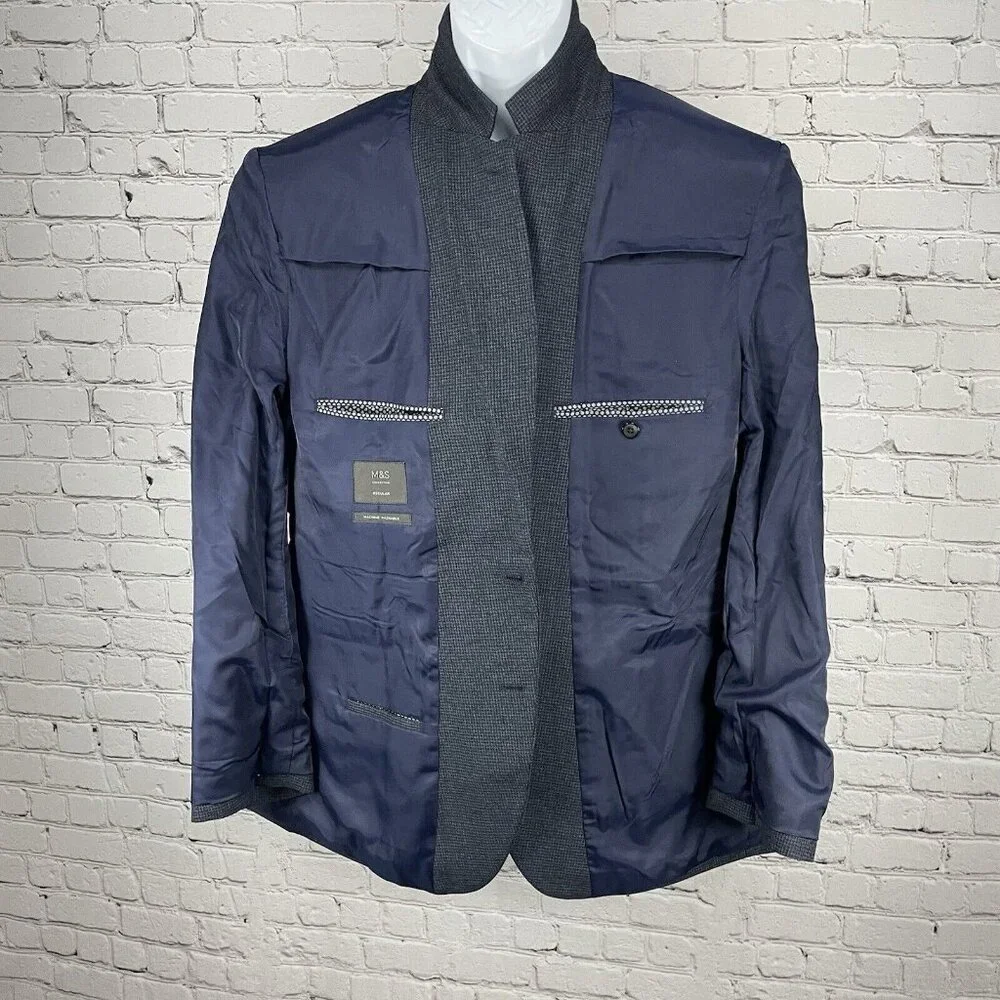 Marks & Spencer Black Blue Check Easy Care Sports Jacket Blazer Size 48